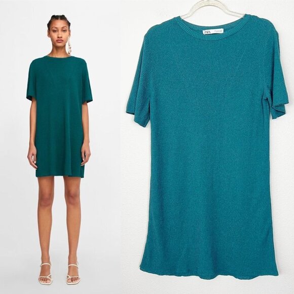 Zara Womens Medium Green Short Sleeve Sweater Knit Tee Dress Mini - Picture 1 of 8